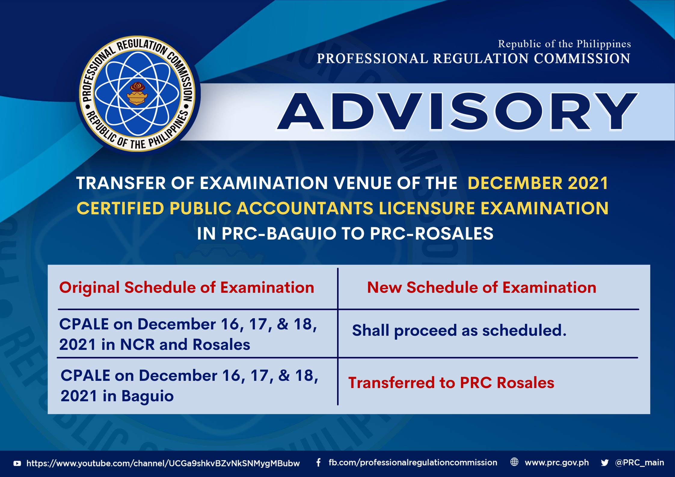 Transfer of Examination Venue of the December 2021 Certified Public